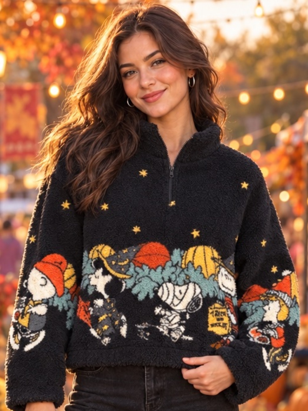Peanuts Halloween Black Sherpa Half-Zip Jacket *FITS LIKE A MEDIUM